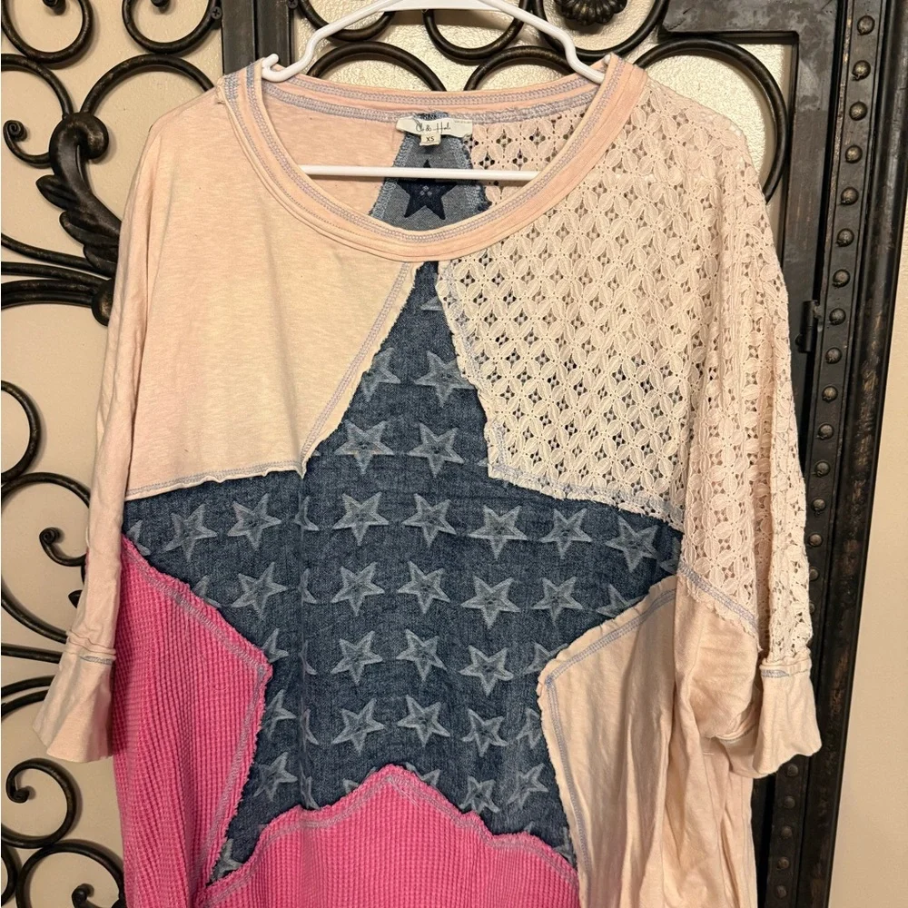 Oli & Hali Pink and Blue Star Patchwork Top - Picture 1 of 2